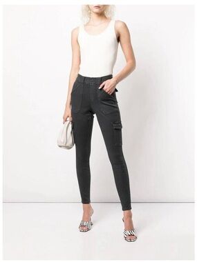 SPANX Stretch Twill Ankle Cargo Pant Washed Black Sz L Tummy Control Shapewear